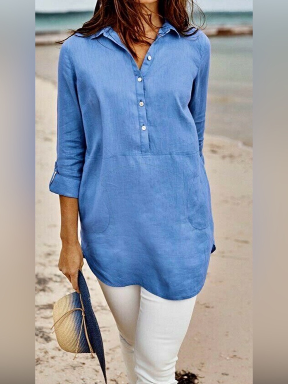 J. Jill Love Linen Blue Half Button Tunic Side Pockets Size M Beach Resortwear